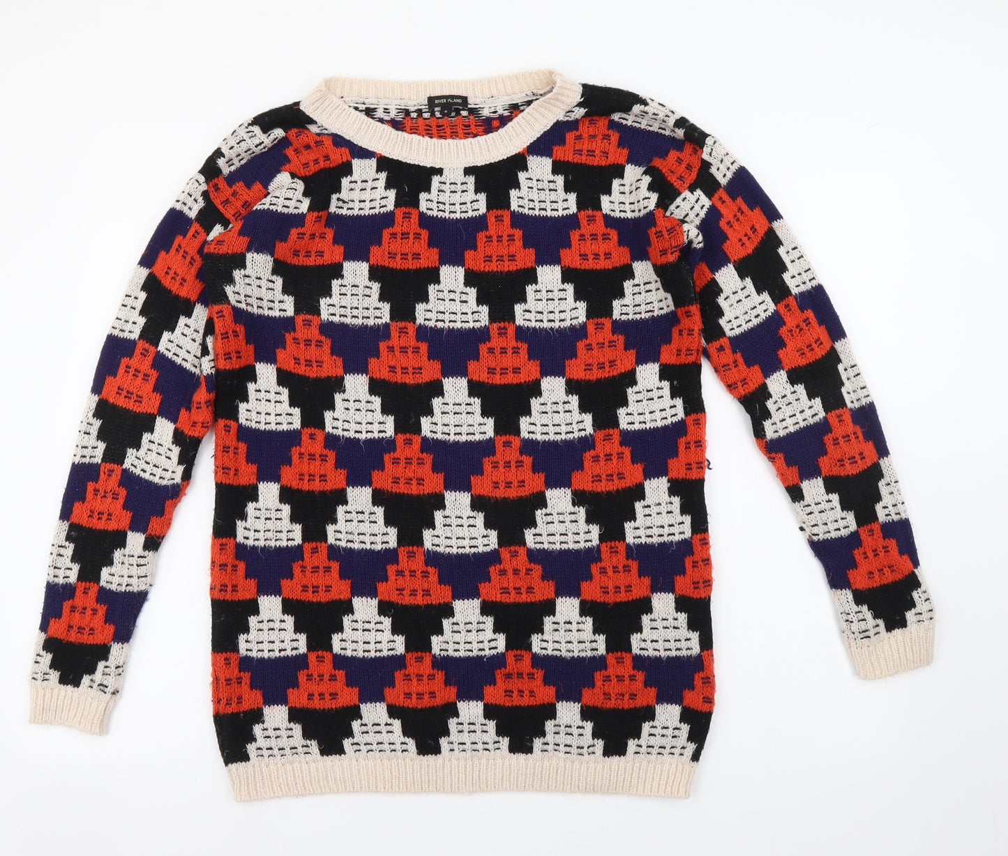 River Island Womens Multicoloured Round Neck Geometric Acrylic Pullover Jumper Size 6