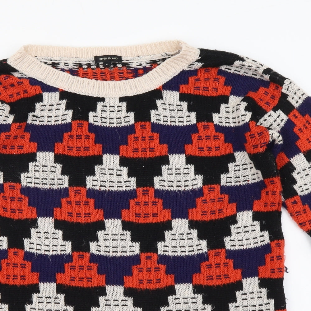 River Island Womens Multicoloured Round Neck Geometric Acrylic Pullover Jumper Size 6