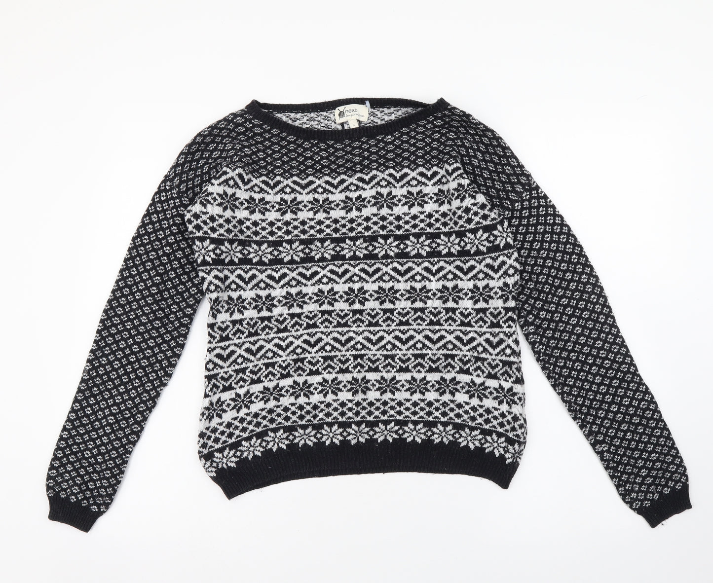 NEXT Womens Black Boat Neck Fair Isle Cotton Pullover Jumper Size 6