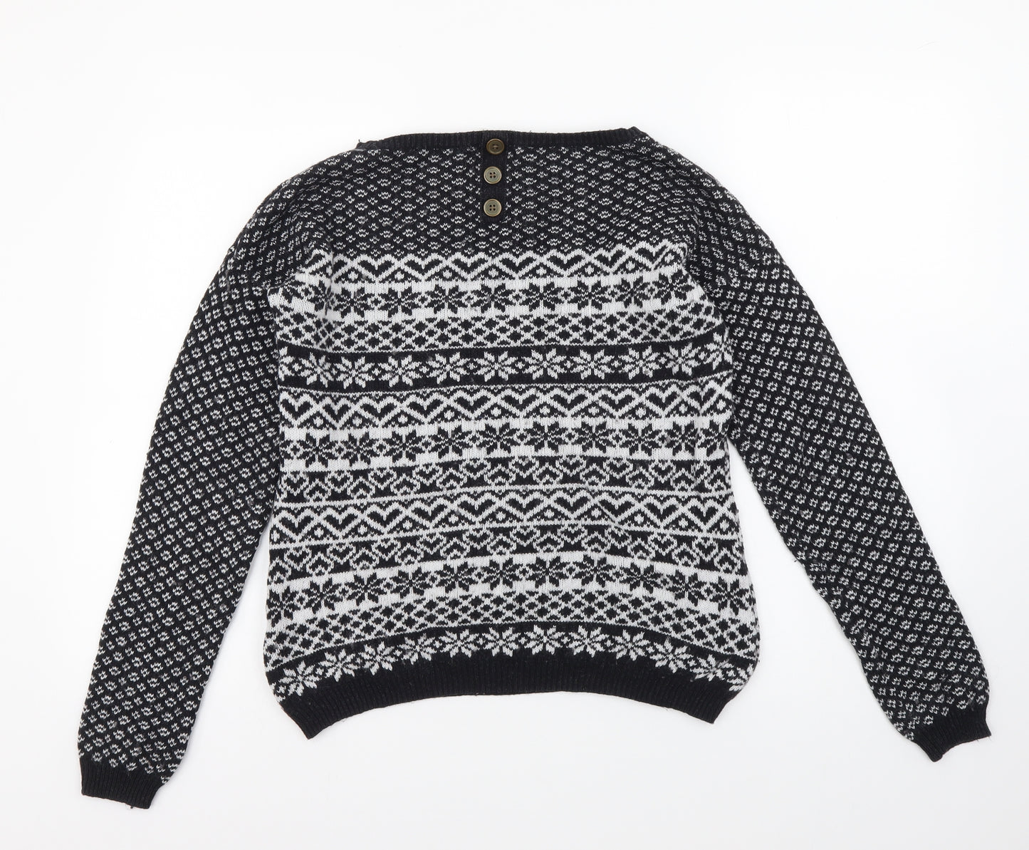 NEXT Womens Black Boat Neck Fair Isle Cotton Pullover Jumper Size 6