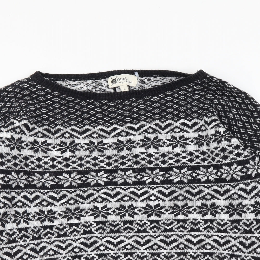NEXT Womens Black Boat Neck Fair Isle Cotton Pullover Jumper Size 6