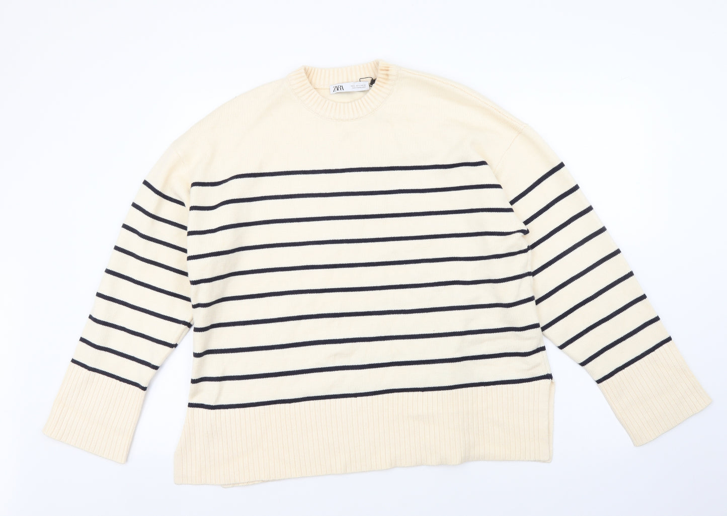 Zara Womens Beige Crew Neck Striped Viscose Pullover Jumper Size M