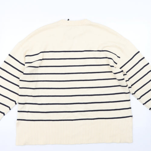 Zara Womens Beige Crew Neck Striped Viscose Pullover Jumper Size M