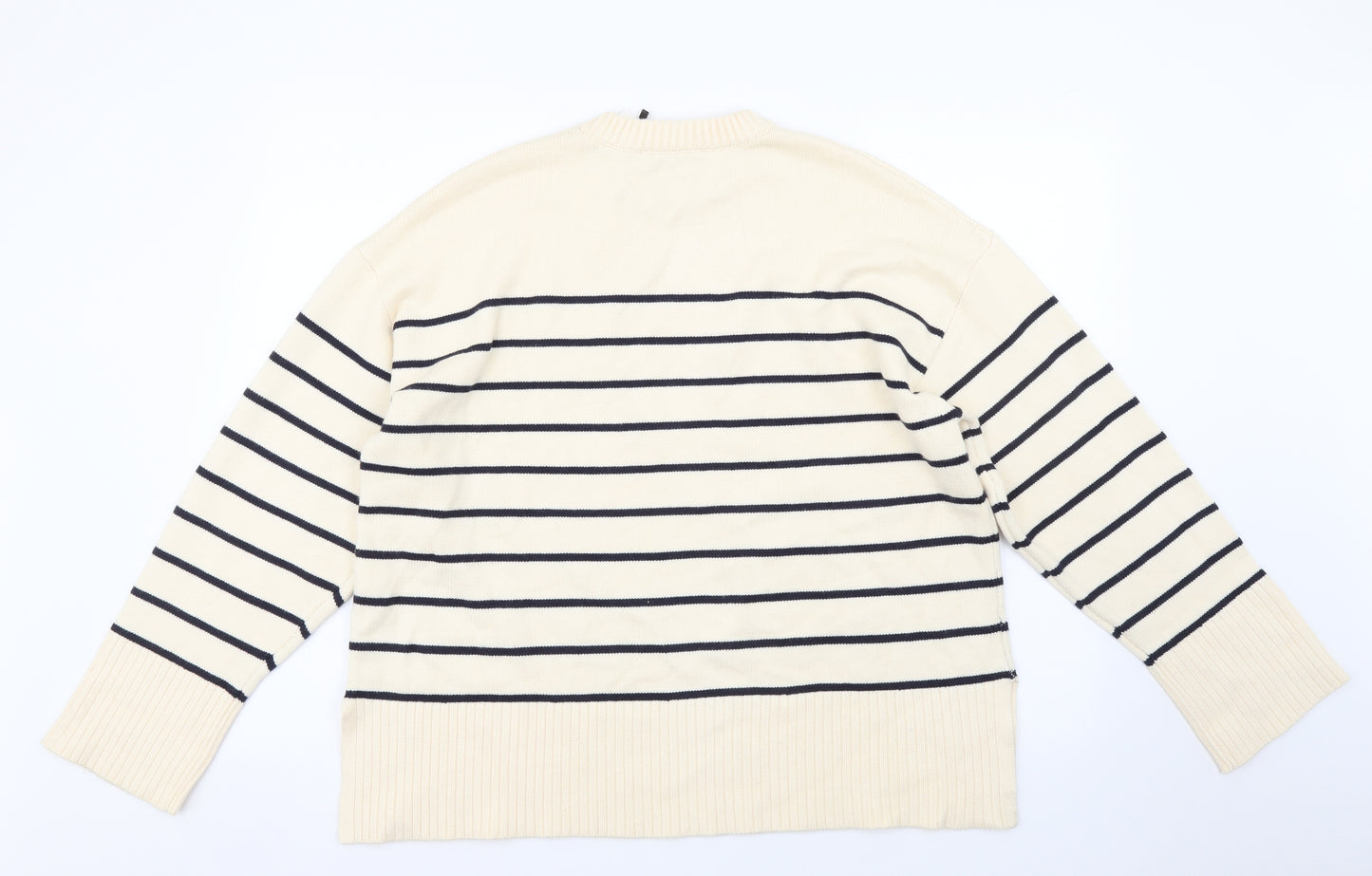 Zara Womens Beige Crew Neck Striped Viscose Pullover Jumper Size M
