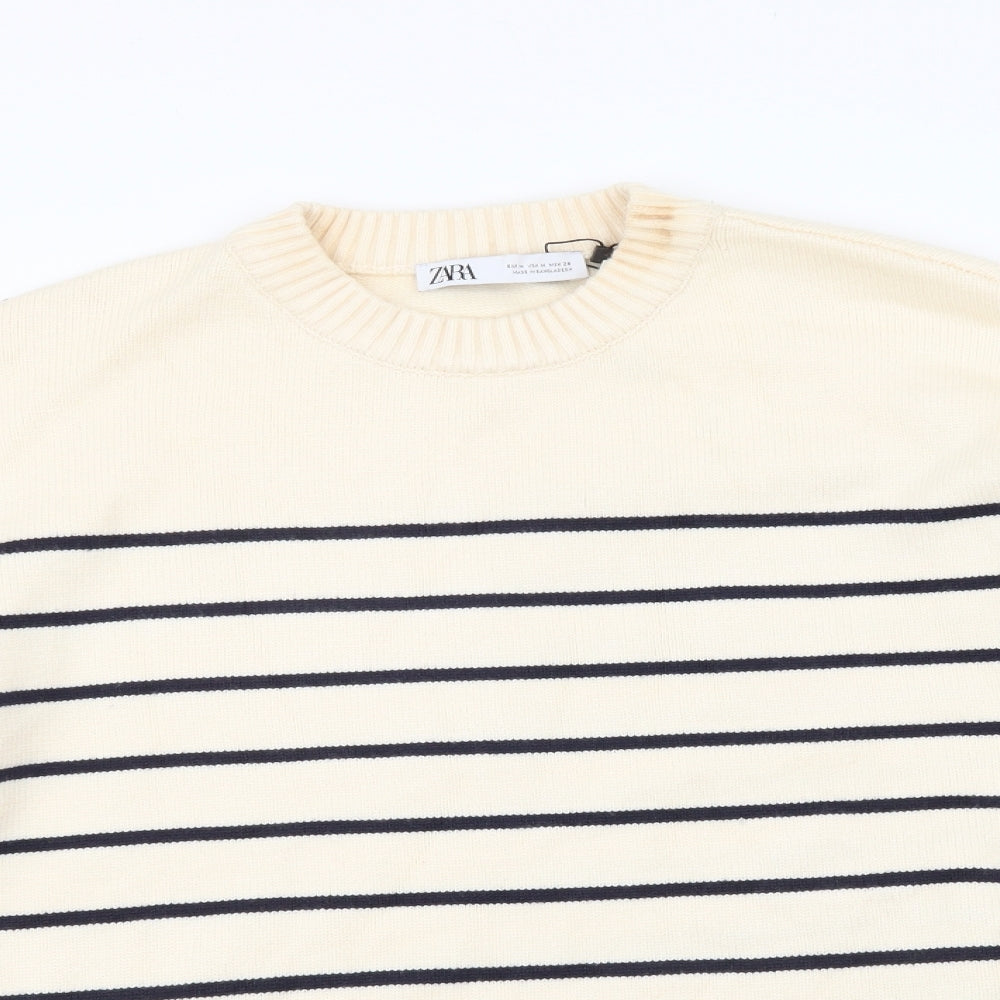 Zara Womens Beige Crew Neck Striped Viscose Pullover Jumper Size M