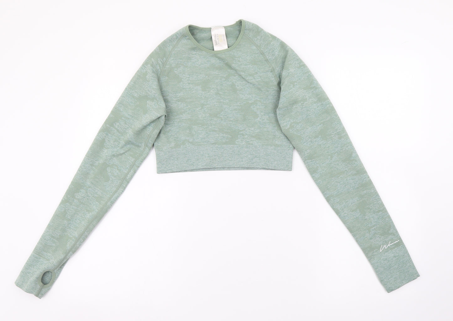 Boohoo Womens Green Polyamide Cropped T-Shirt Size L Round Neck Pullover