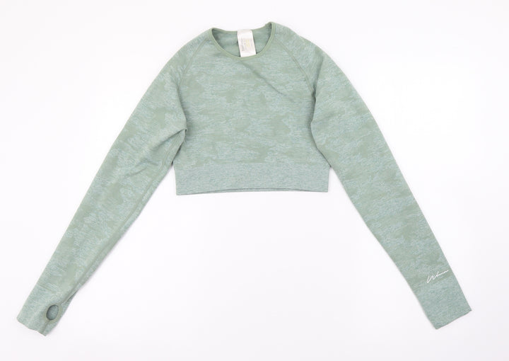 Boohoo Womens Green Polyamide Cropped T-Shirt Size L Round Neck Pullover