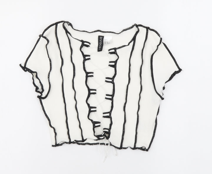 Divided Womens White Geometric Cotton Basic Blouse Size 8 Scoop Neck
