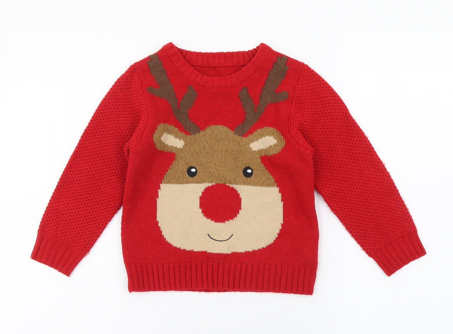 Preworn Boys Red Round Neck Acrylic Pullover Jumper Size 3-4 Years Pullover - Rudolph