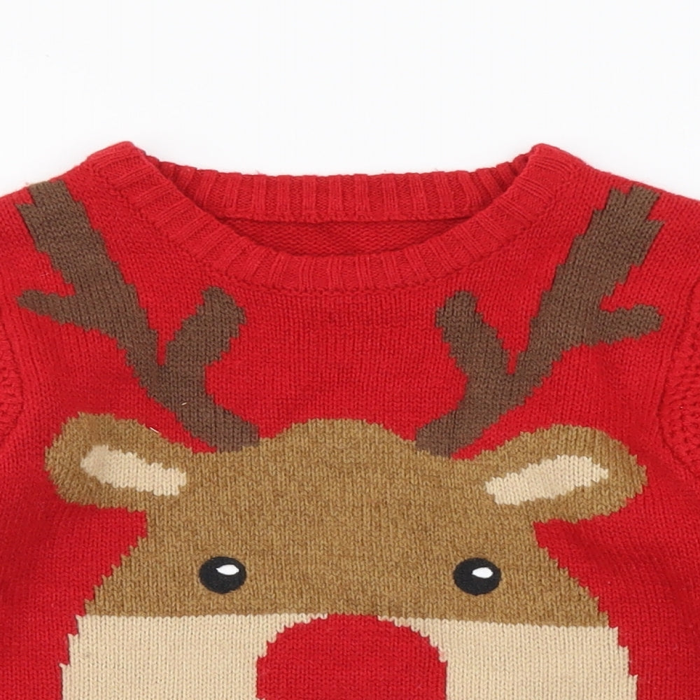 Preworn Boys Red Round Neck Acrylic Pullover Jumper Size 3-4 Years Pullover - Rudolph