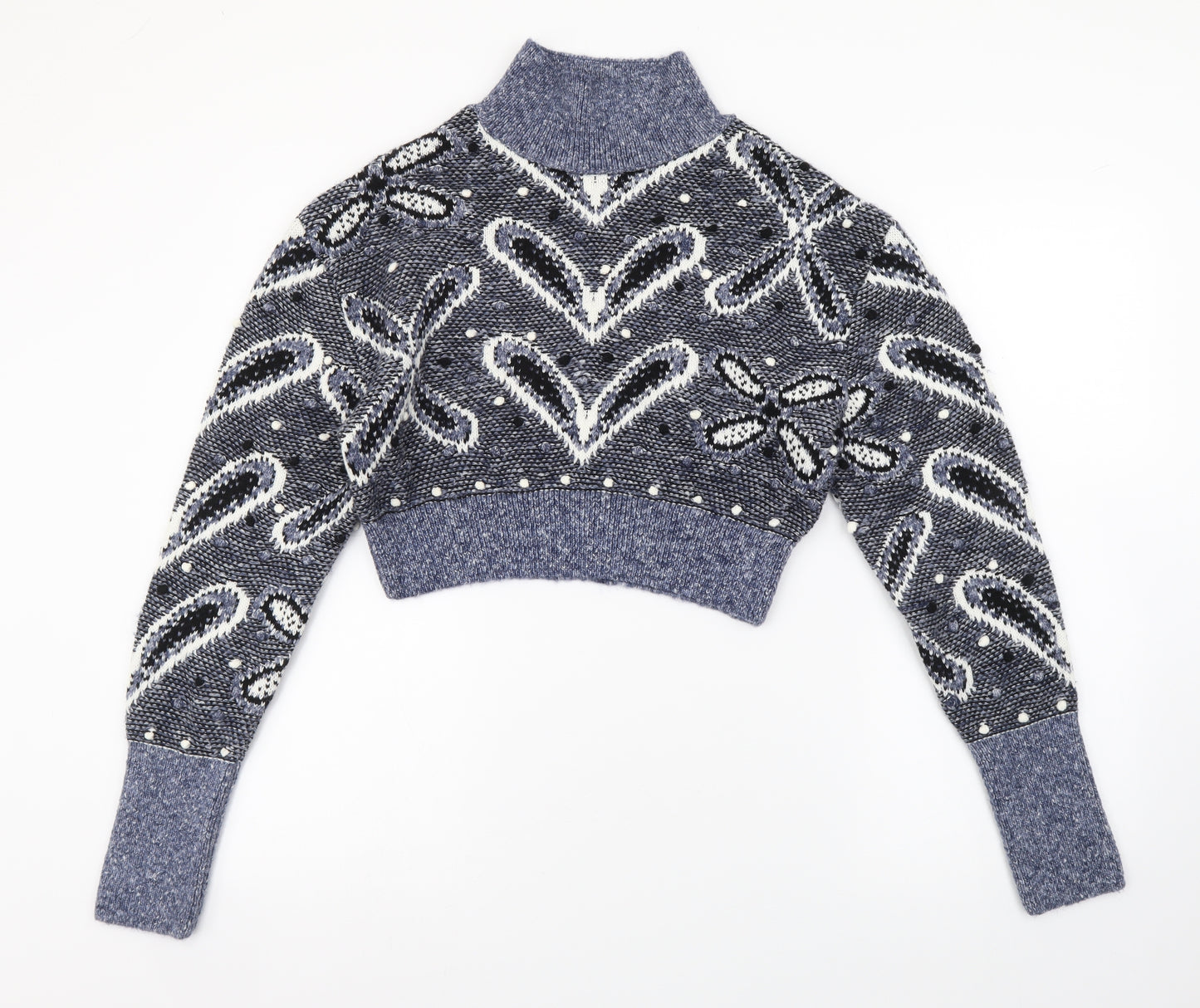 Zara Womens Blue High Neck Geometric Acrylic Pullover Jumper Size 12 - Cropped