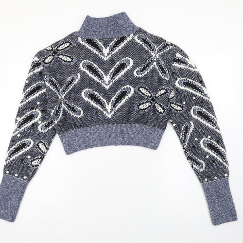 Zara Womens Blue High Neck Geometric Acrylic Pullover Jumper Size 12 - Cropped