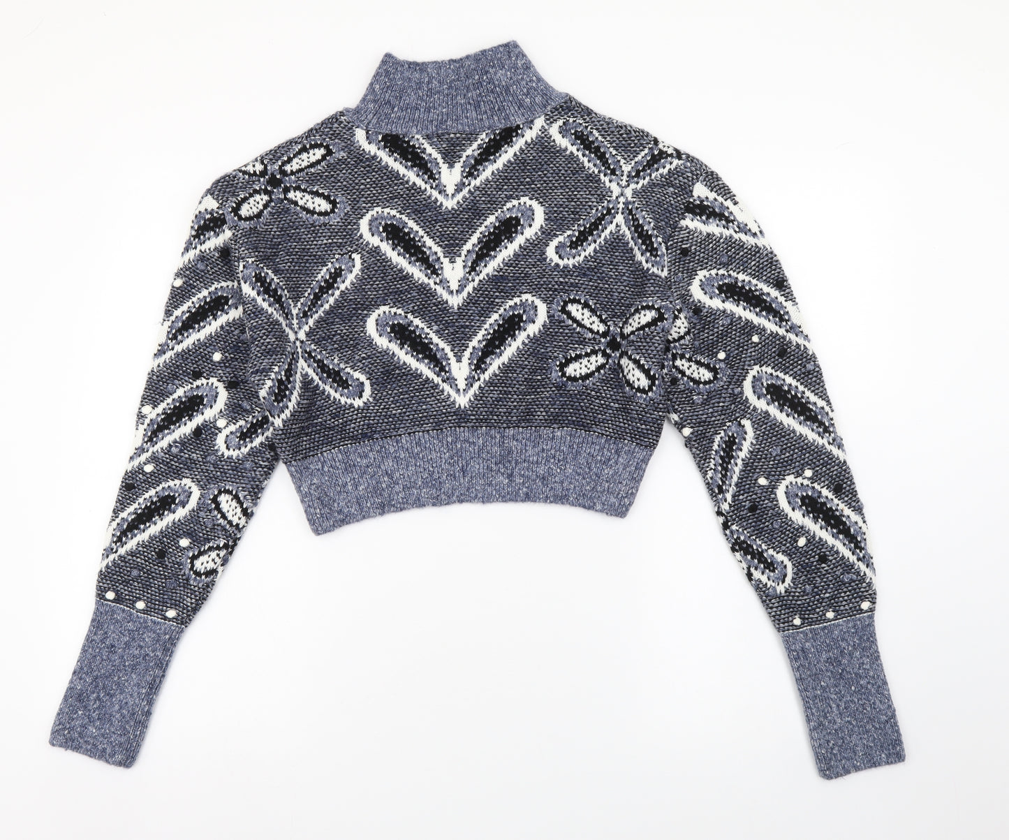 Zara Womens Blue High Neck Geometric Acrylic Pullover Jumper Size 12 - Cropped