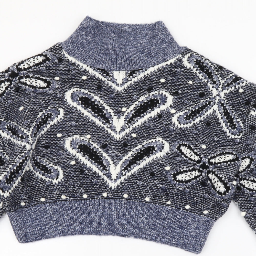 Zara Womens Blue High Neck Geometric Acrylic Pullover Jumper Size 12 - Cropped