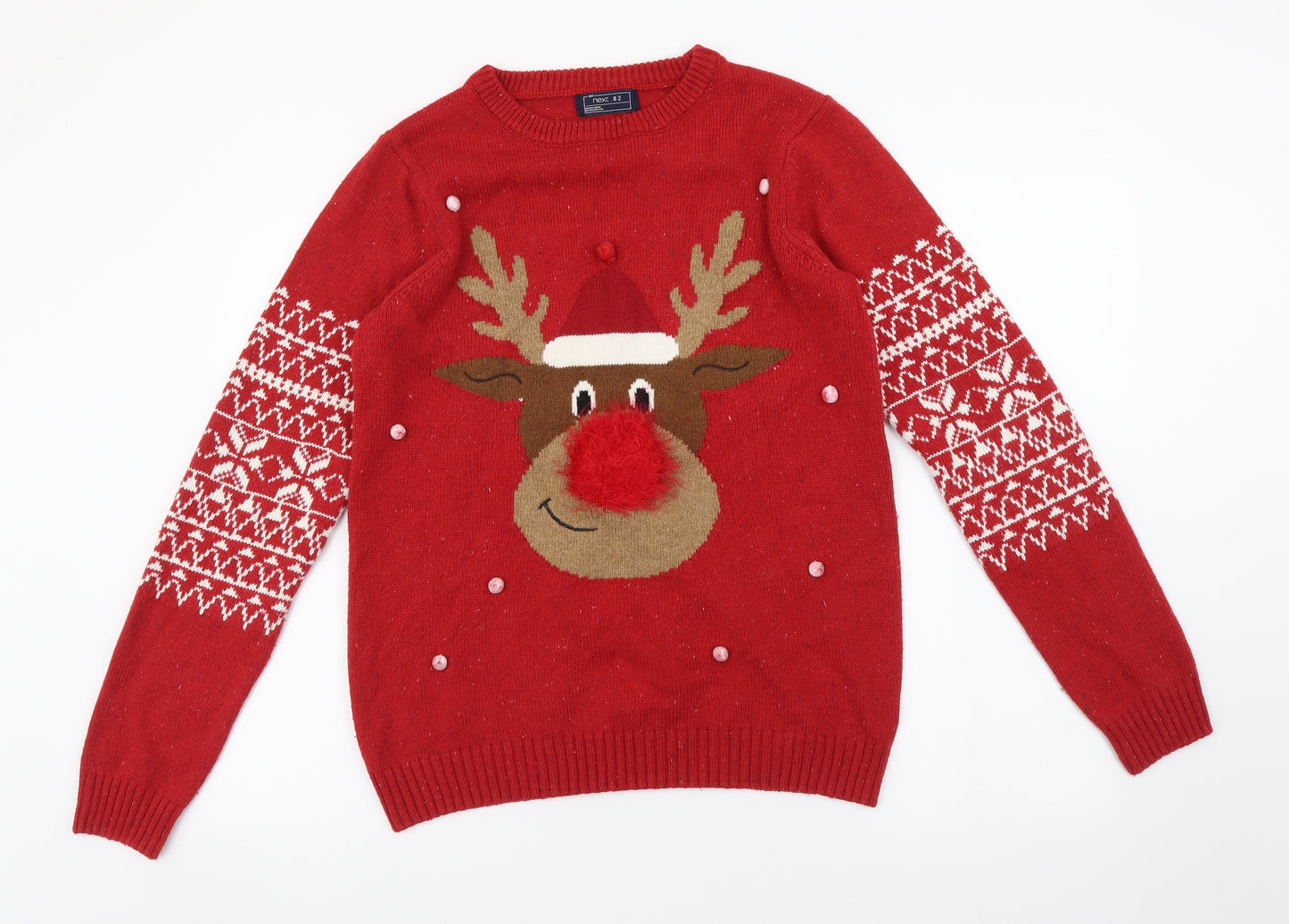 NEXT Boys Red Round Neck Fair Isle Acrylic Pullover Jumper Size 15 Years Pullover - Christmas Rudolph
