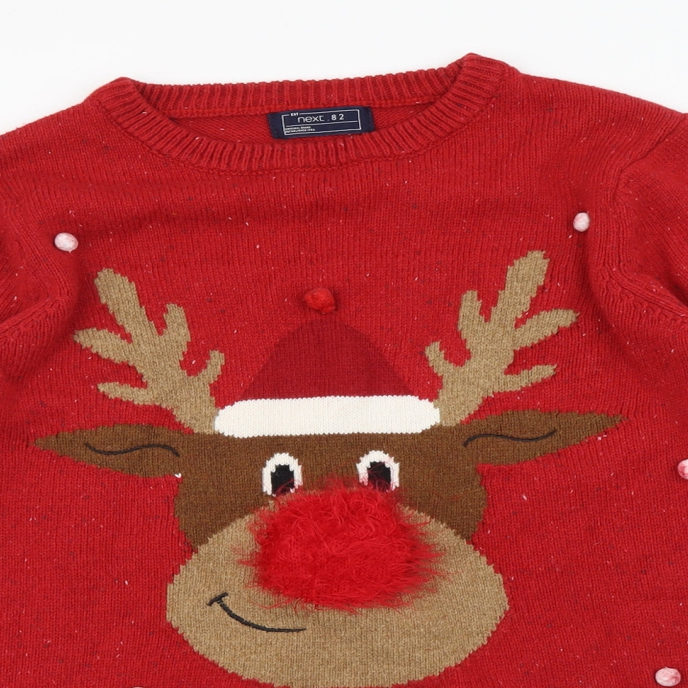 NEXT Boys Red Round Neck Fair Isle Acrylic Pullover Jumper Size 15 Years Pullover - Christmas Rudolph