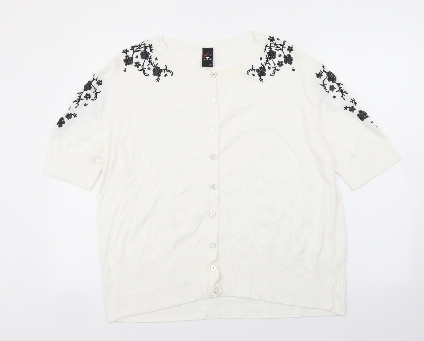 TU Womens White Floral Cotton Basic Button-Up Size 20 Round Neck