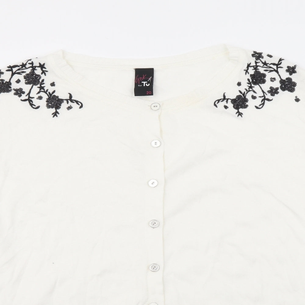 TU Womens White Floral Cotton Basic Button-Up Size 20 Round Neck