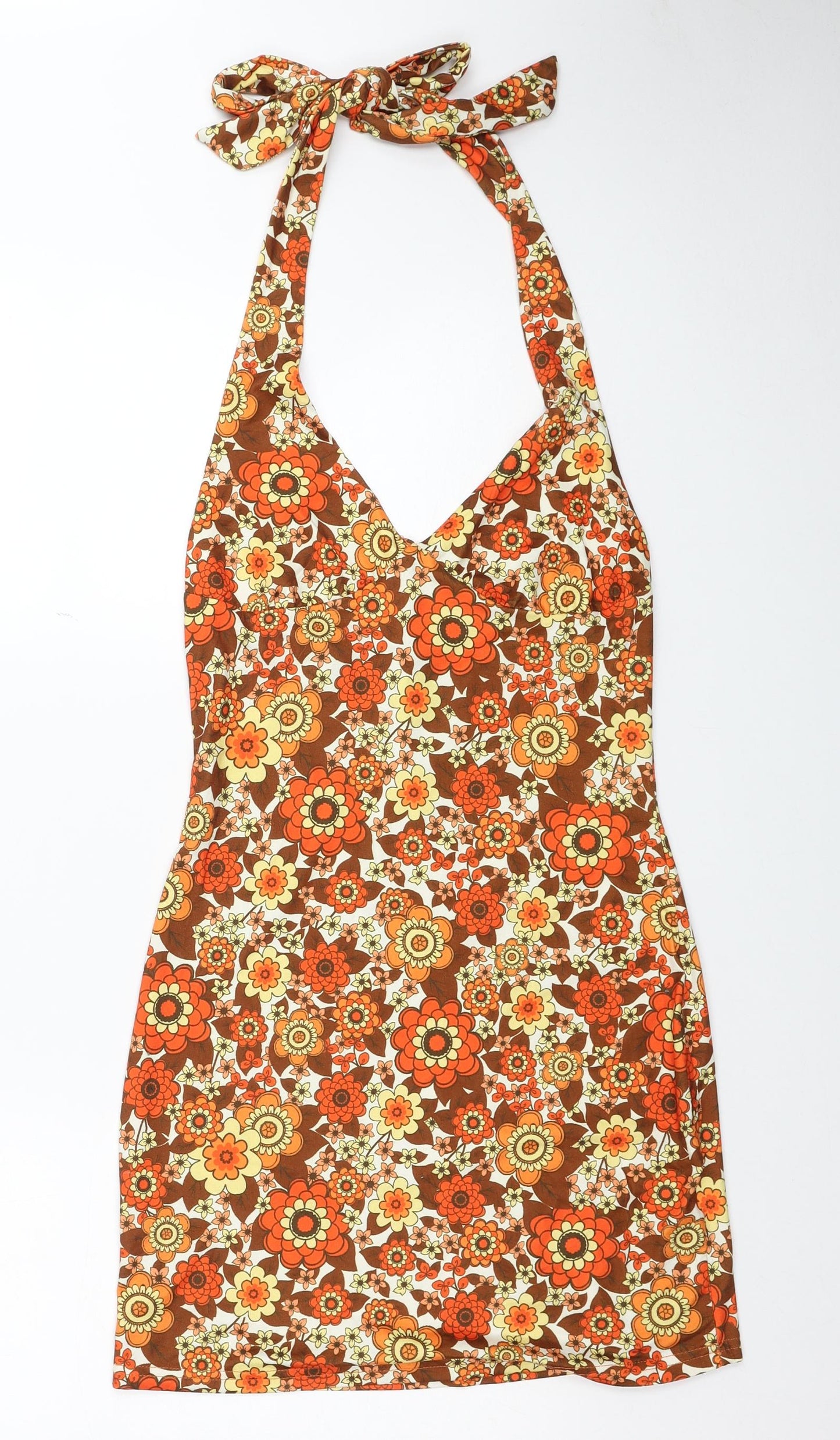 SheIn Womens Orange Floral Polyester Mini Size S Halter Tie