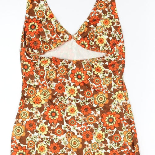 SheIn Womens Orange Floral Polyester Mini Size S Halter Tie