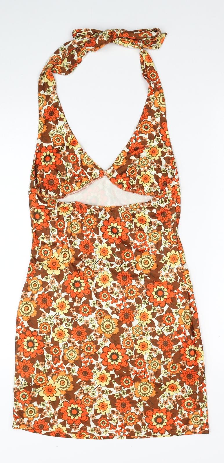 SheIn Womens Orange Floral Polyester Mini Size S Halter Tie