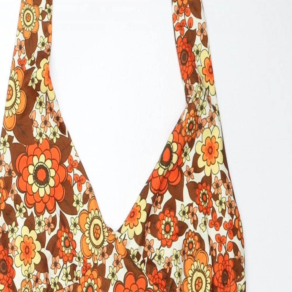 SheIn Womens Orange Floral Polyester Mini Size S Halter Tie
