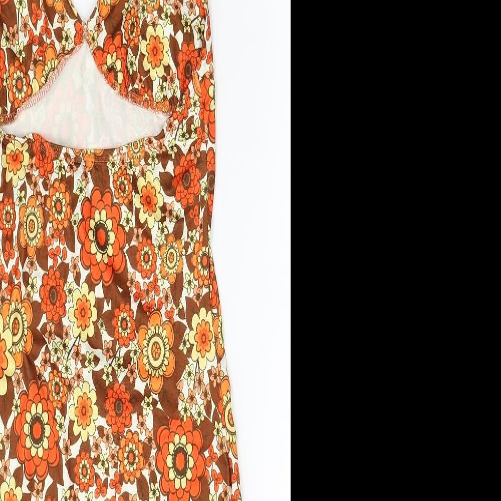 SheIn Womens Orange Floral Polyester Mini Size S Halter Tie