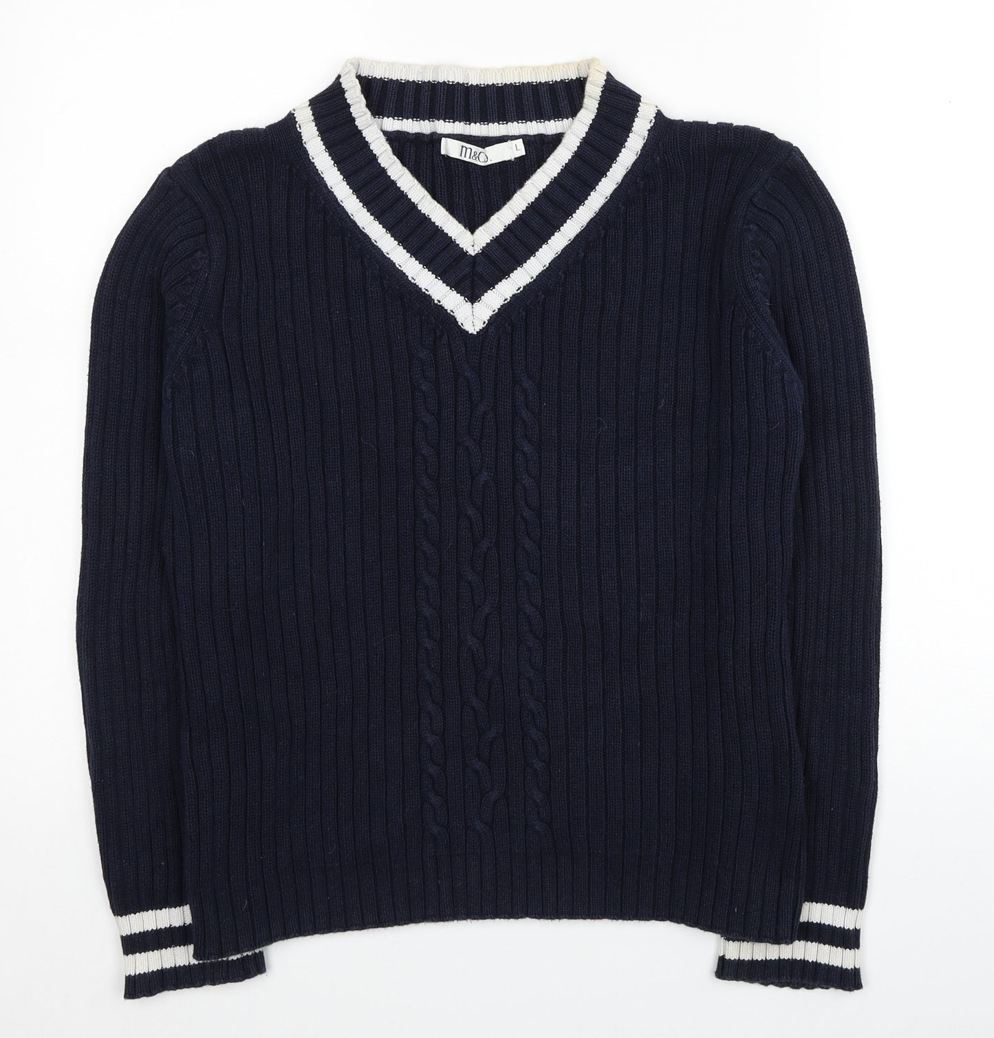 M&Co Womens Blue V-Neck Cotton Pullover Jumper Size L - Contrasting Trim