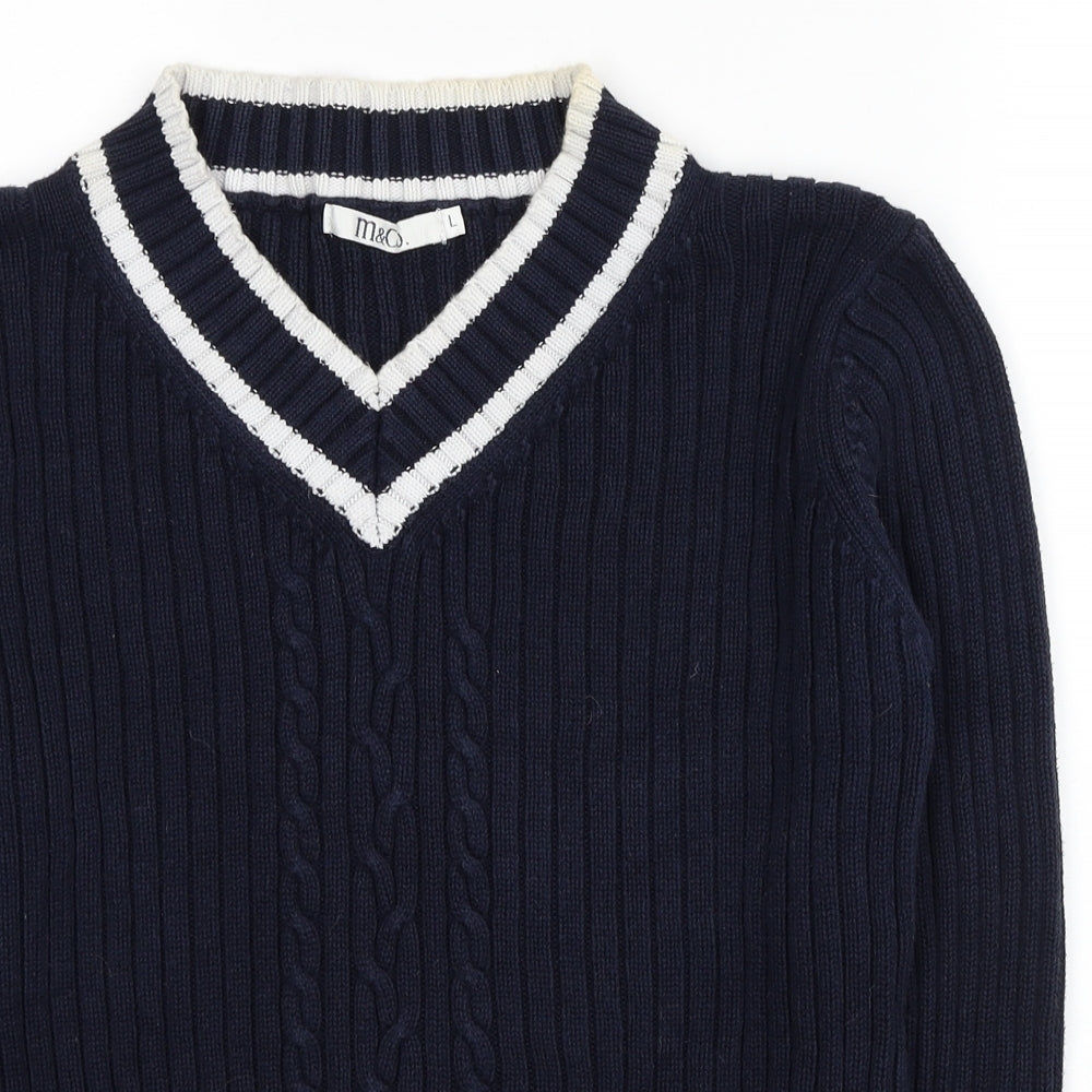 M&Co Womens Blue V-Neck Cotton Pullover Jumper Size L - Contrasting Trim