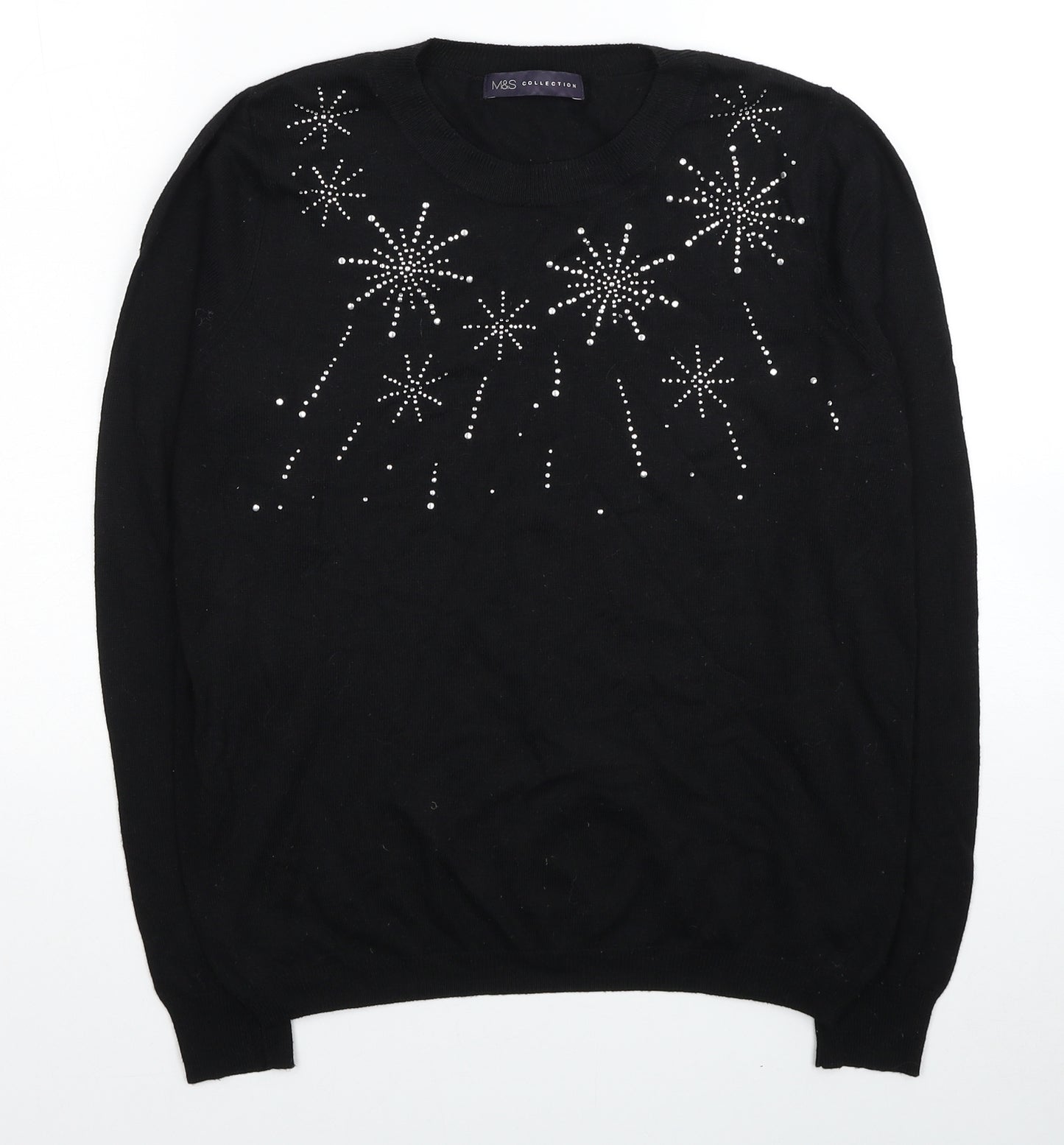 Marks and Spencer Womens Black Crew Neck Polyamide Pullover Jumper Size M - Snowflakes