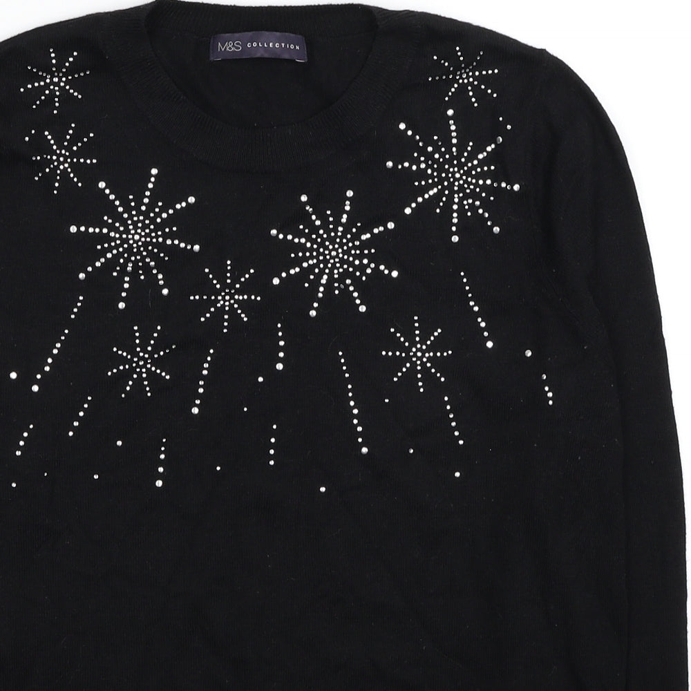 Marks and Spencer Womens Black Crew Neck Polyamide Pullover Jumper Size M - Snowflakes