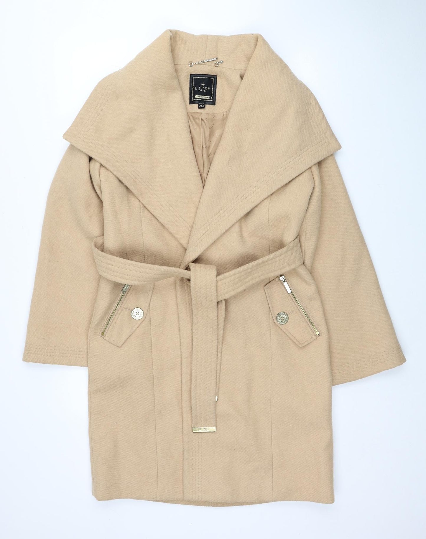 Lipsy Womens Beige Overcoat Coat Size 10 Tie