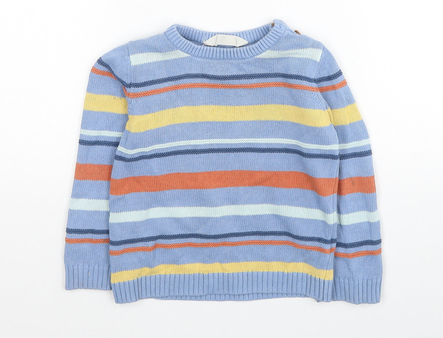 John Lewis Boys Blue Round Neck Striped Cotton Pullover Jumper Size 2-3 Years Button