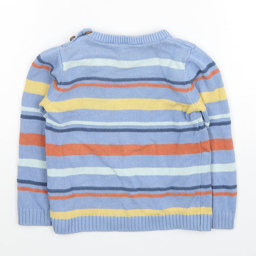 John Lewis Boys Blue Round Neck Striped Cotton Pullover Jumper Size 2-3 Years Button