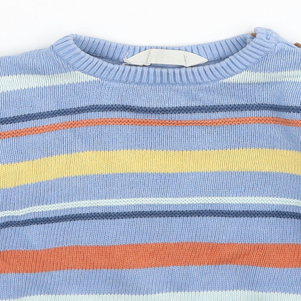John Lewis Boys Blue Round Neck Striped Cotton Pullover Jumper Size 2-3 Years Button