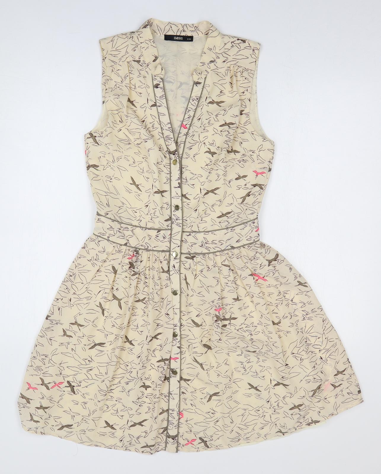 Oasis Womens Beige Geometric Polyester Fit & Flare Size 8 V-Neck Button - Bird Pattern