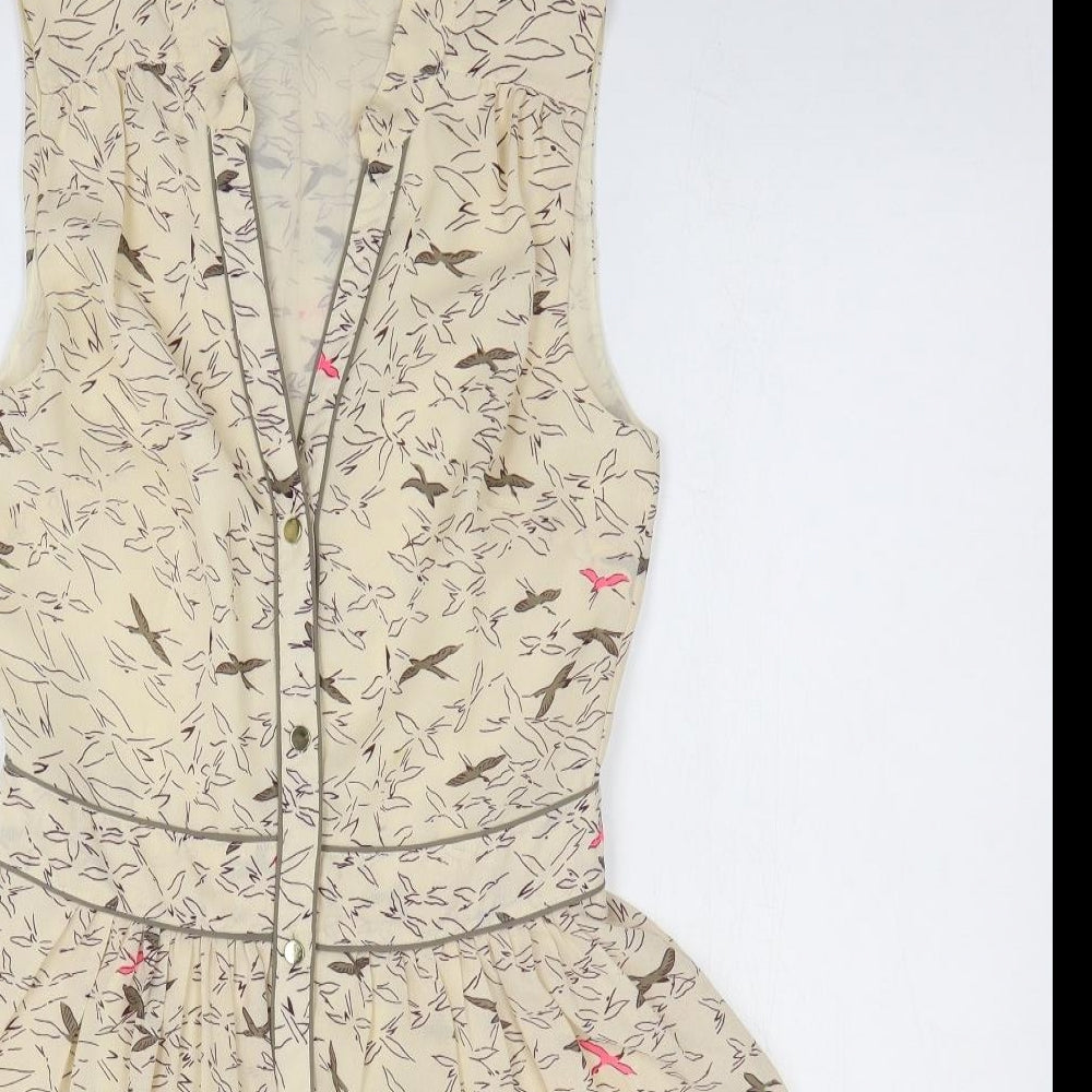 Oasis Womens Beige Geometric Polyester Fit & Flare Size 8 V-Neck Button - Bird Pattern