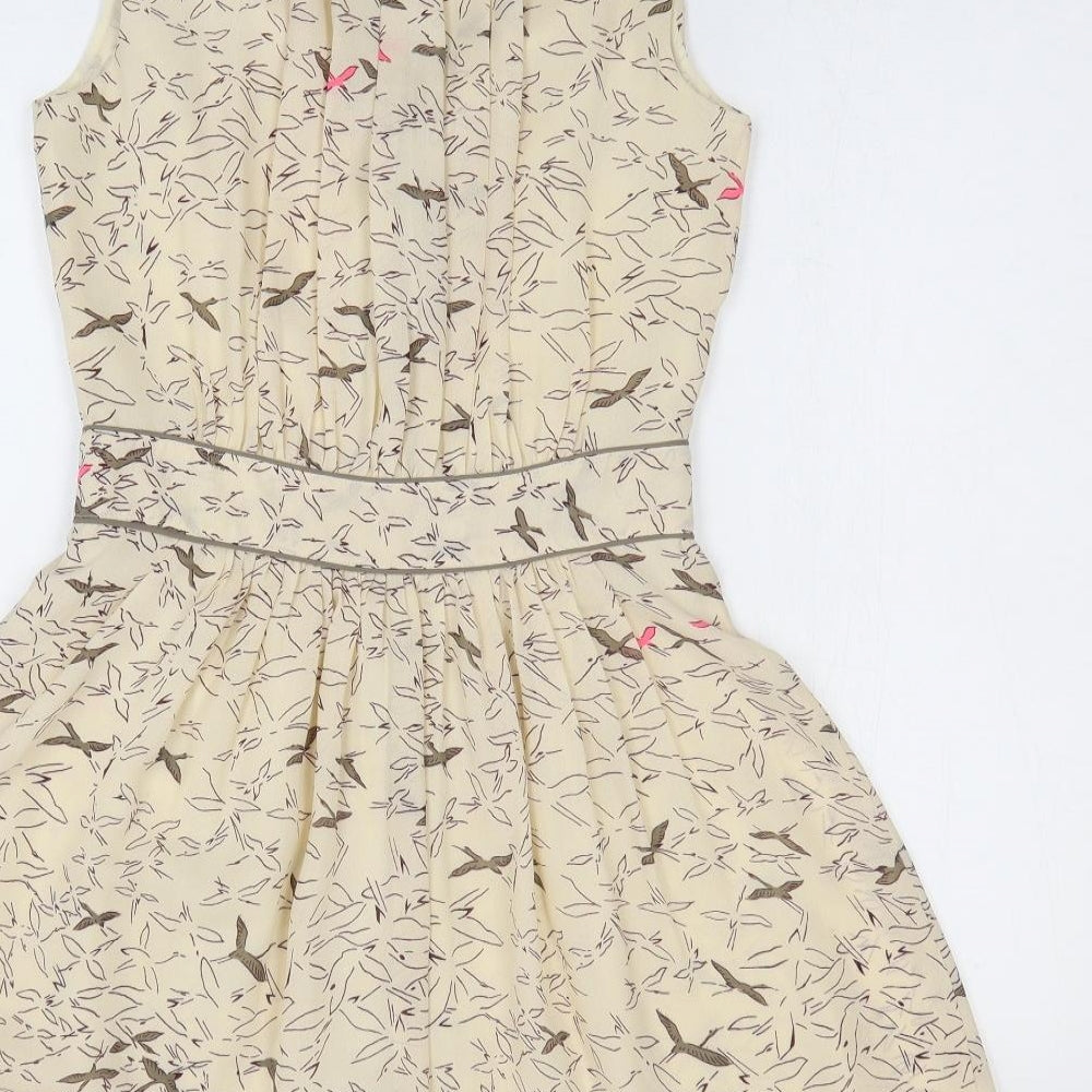 Oasis Womens Beige Geometric Polyester Fit & Flare Size 8 V-Neck Button - Bird Pattern