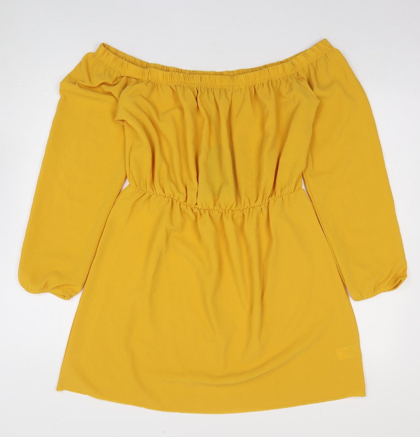 PRETTYLITTLETHING Womens Yellow Polyester Fit & Flare Size 14 Off the Shoulder Pullover