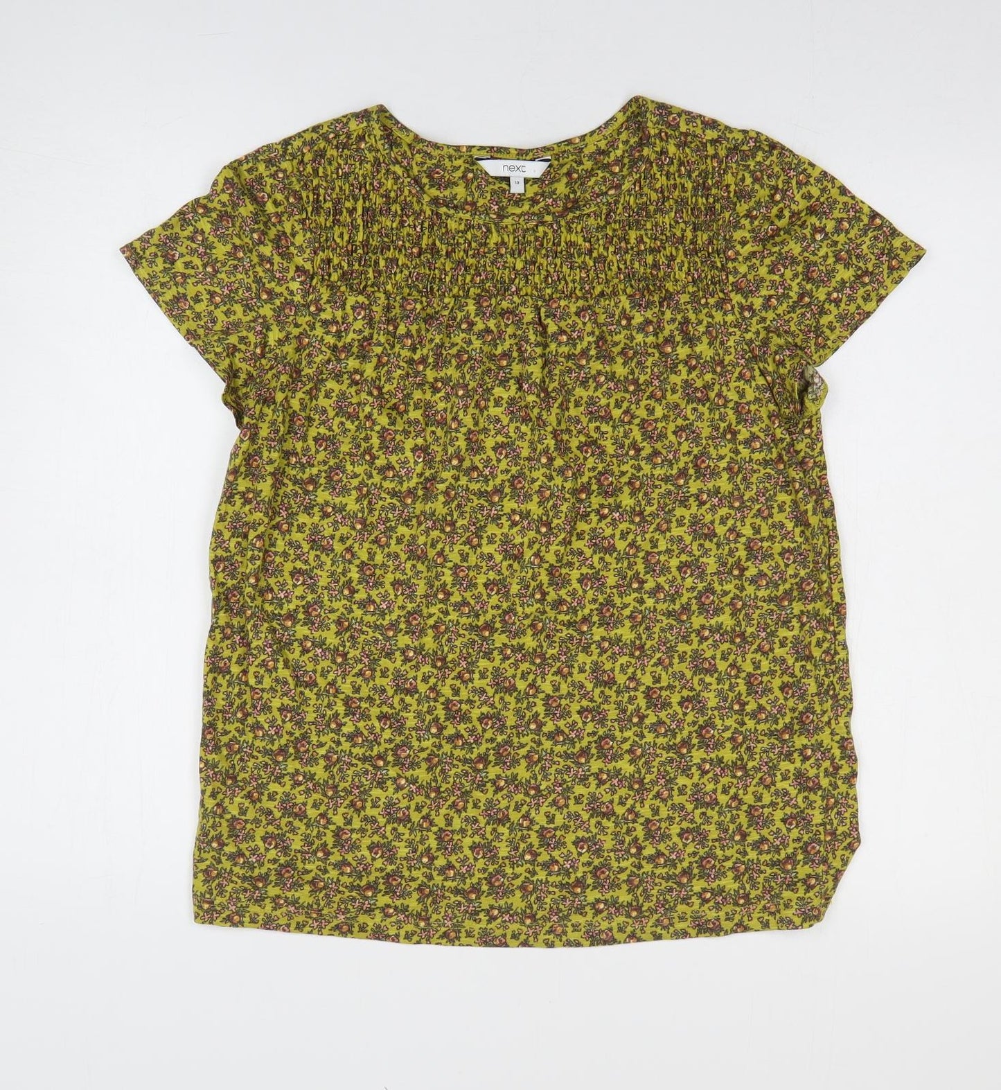 NEXT Womens Yellow Floral 100% Cotton Basic Blouse Size 10 Round Neck