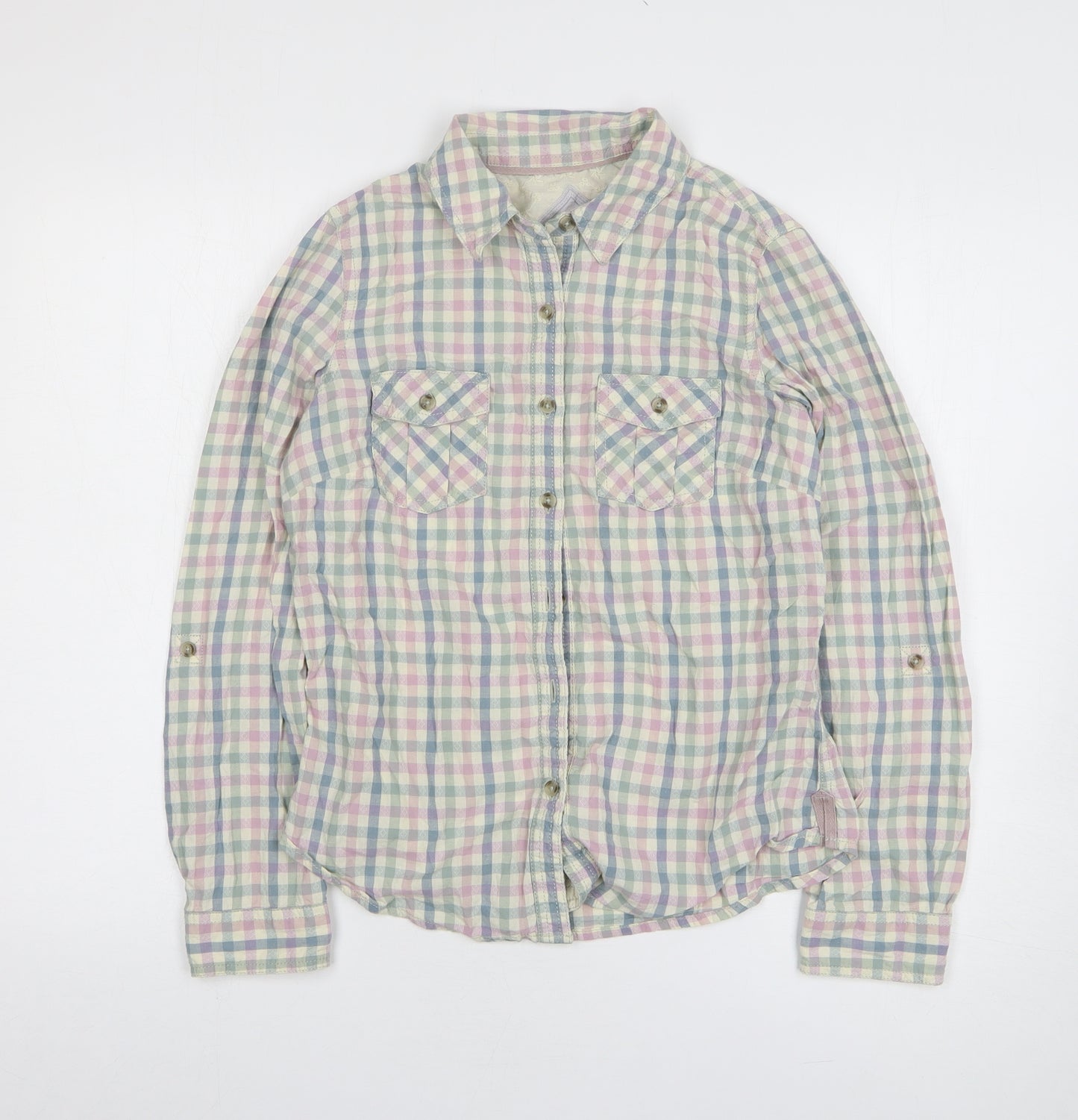 Marks and Spencer Womens Multicoloured Check 100% Cotton Basic Button-Up Size 8 Round Neck