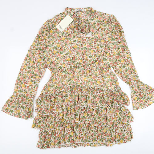IVIVI Womens Multicoloured Floral Polyester Mini Size L V-Neck Lace Up