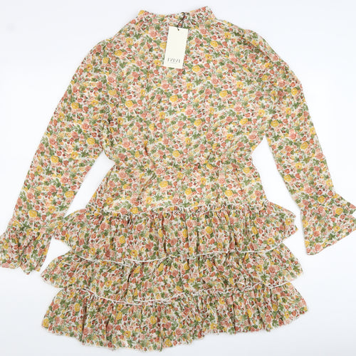 IVIVI Womens Multicoloured Floral Polyester Mini Size L V-Neck Lace Up