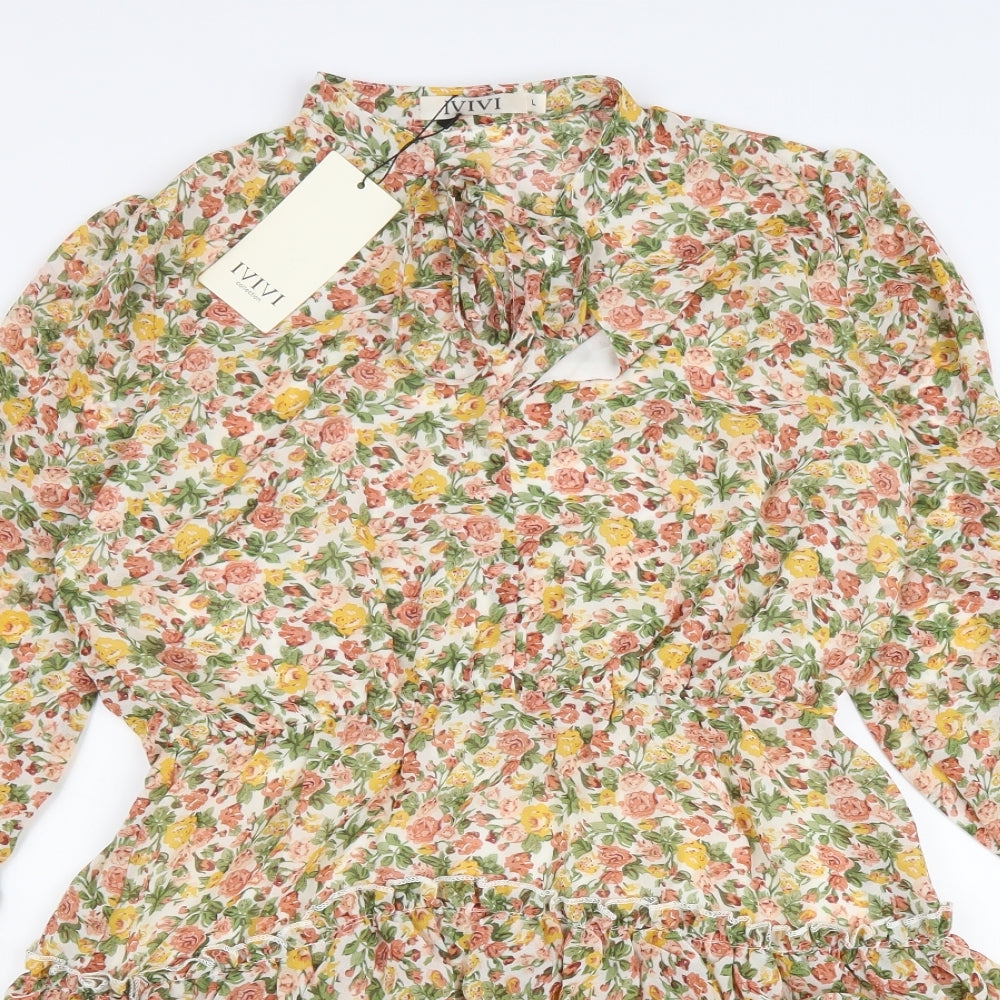 IVIVI Womens Multicoloured Floral Polyester Mini Size L V-Neck Lace Up