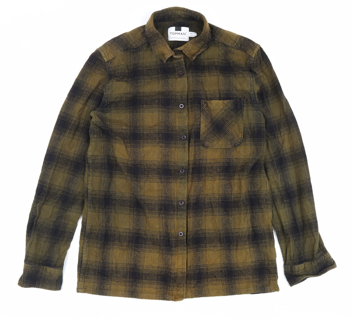 Topman Mens Green Plaid Cotton Button-Up Size M Collared Button