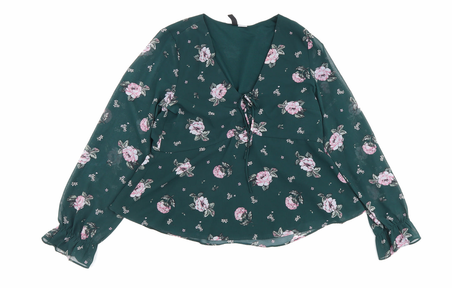 H&M Womens Green Floral Polyester Basic Blouse Size 10 V-Neck