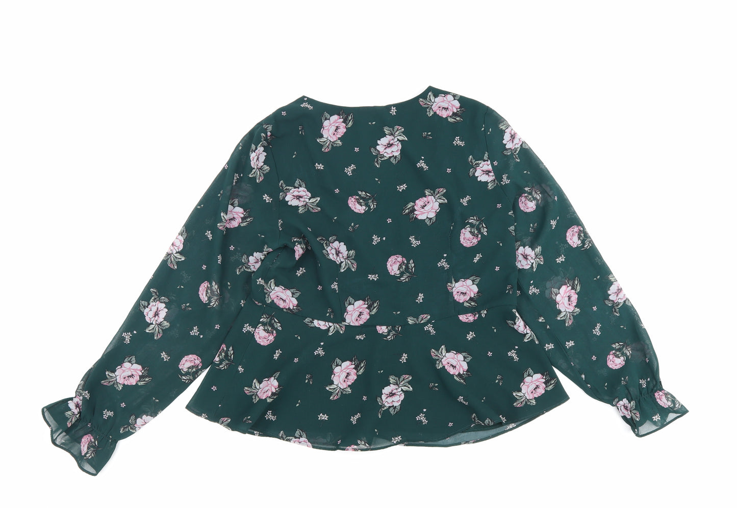 H&M Womens Green Floral Polyester Basic Blouse Size 10 V-Neck