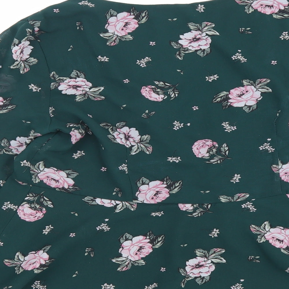 H&M Womens Green Floral Polyester Basic Blouse Size 10 V-Neck