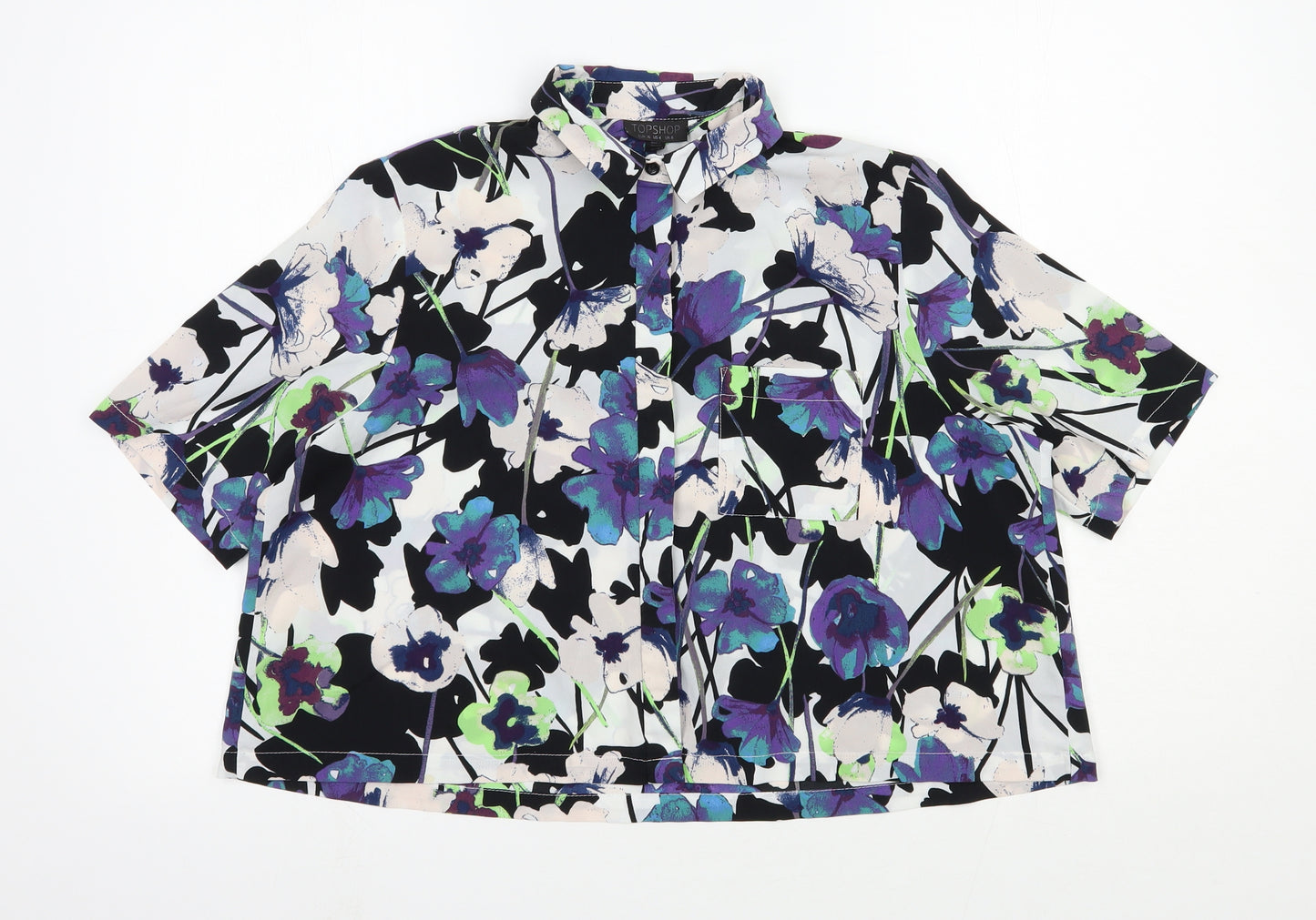 Topshop Womens White Floral Polyester Basic Blouse Size 8 Collared