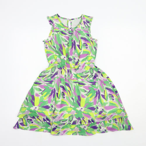 Nutmeg Girls Green Geometric Polyester Fit & Flare Size 7-8 Years Round Neck Button